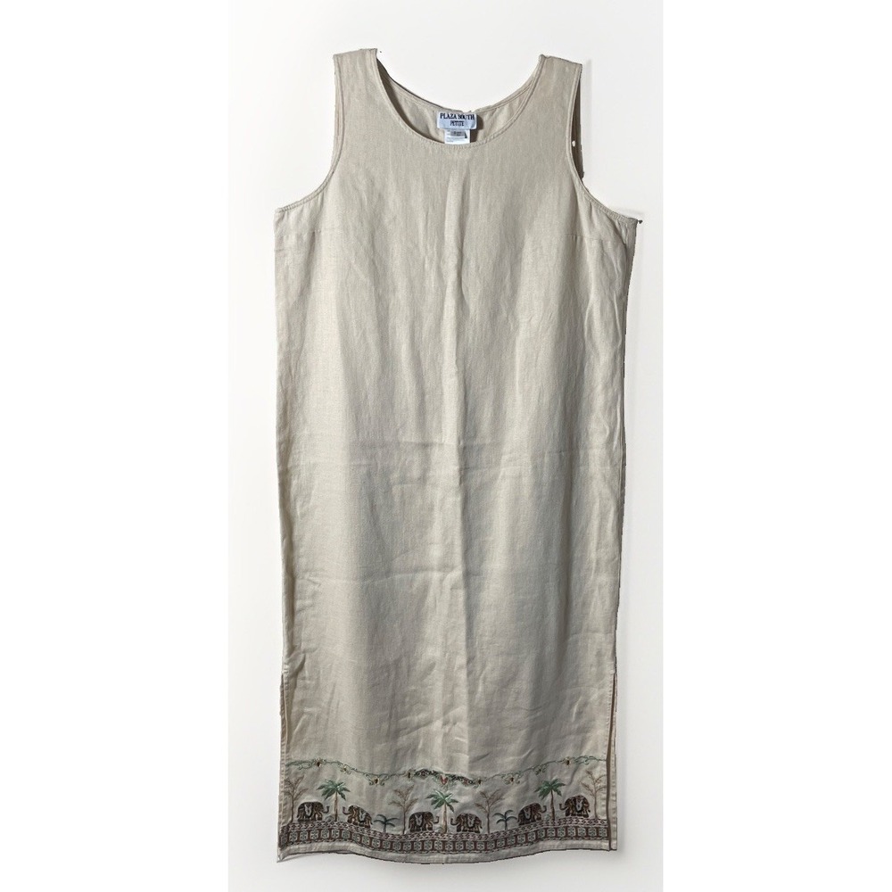 Plaza South Linen Embroidered Elephants Safari Jungle 90s Women's Size 14P Midi